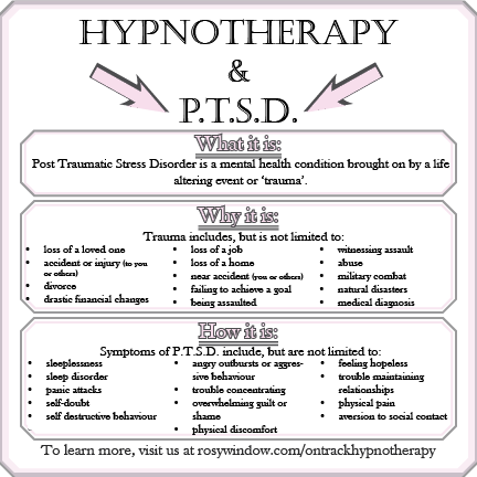Hypnotherapy Info graphic outlining post traumatic stress disorder signs, symptoms and causes   